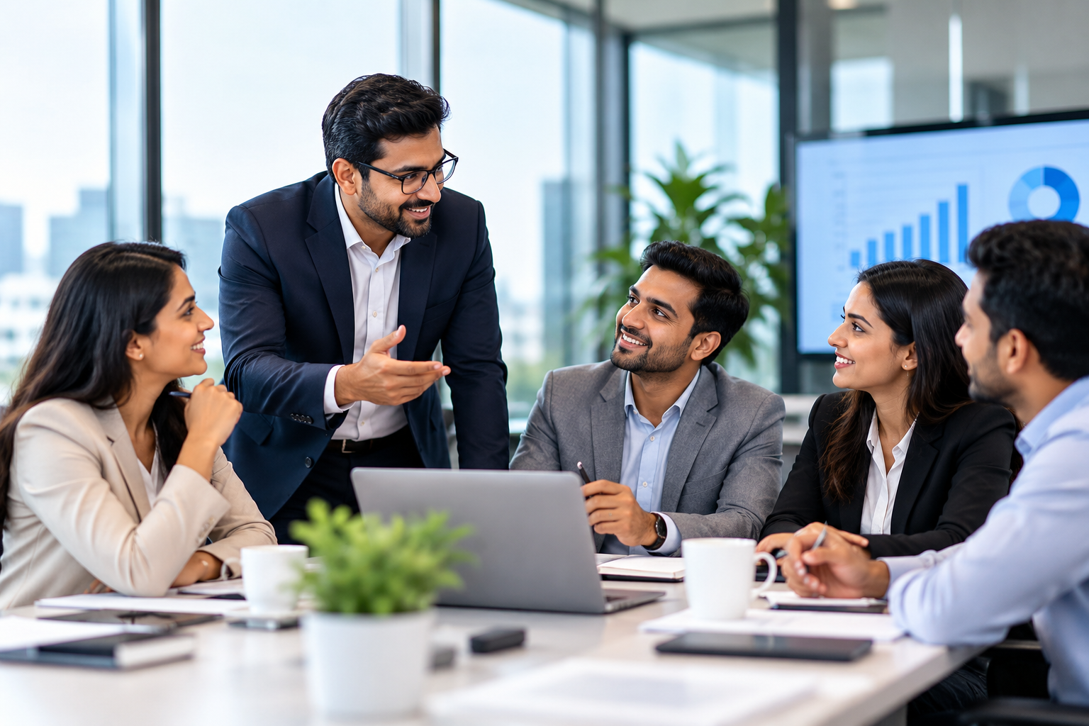 collaborative corporate meeting in modern office