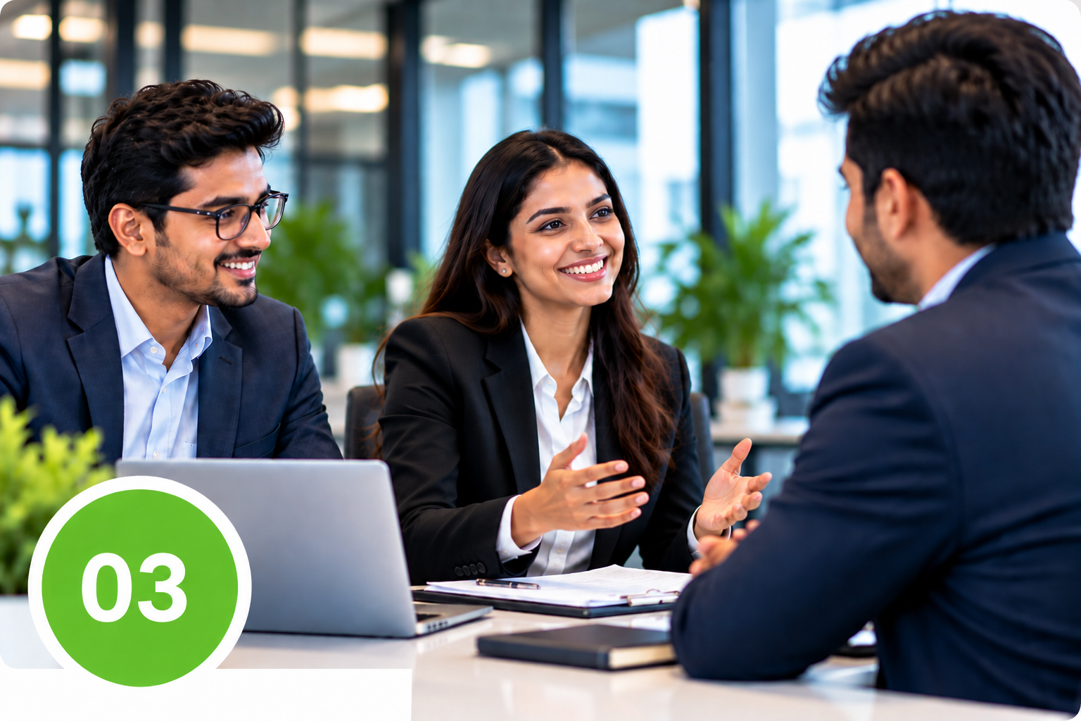 collaborative office meeting with green badge