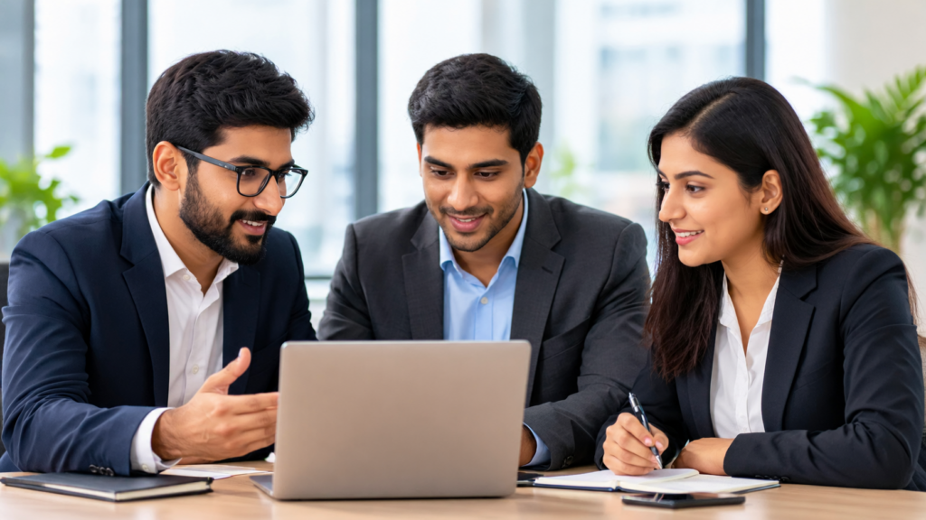 collaborative team around laptop