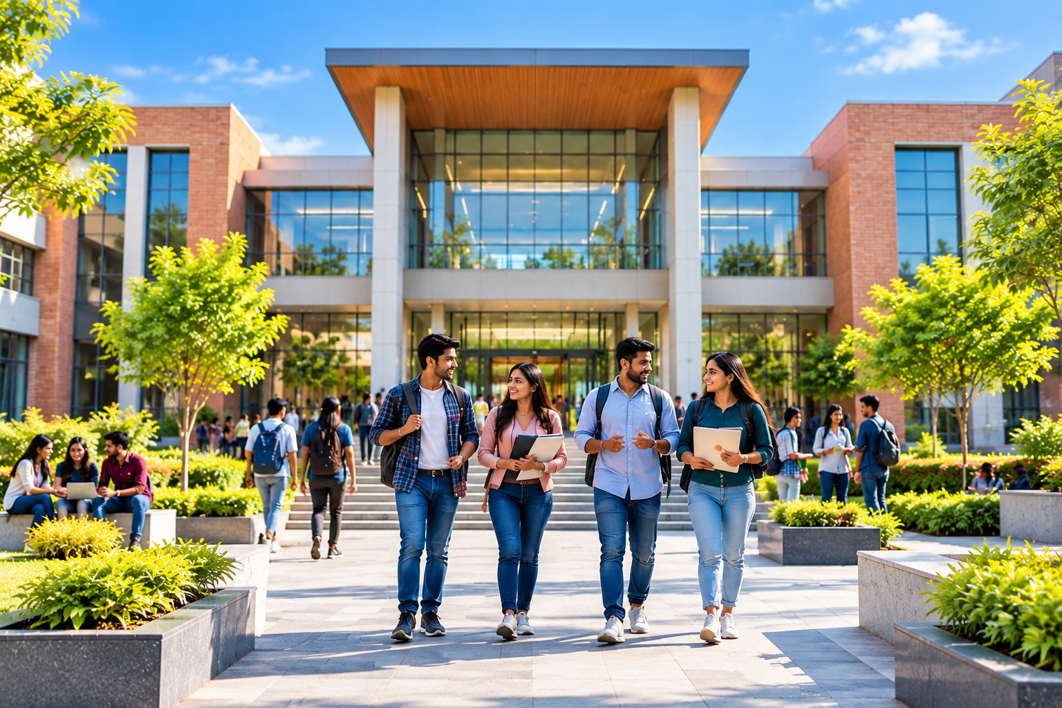 students walking through modern campus